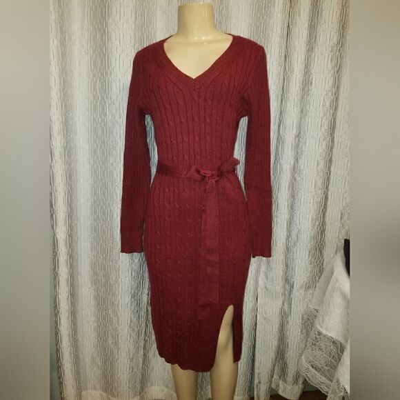 Fall Burgundy MEROKEETY Women's Cable Knit Midi Sweater Dress medium NWOT - Picture 9 of 10